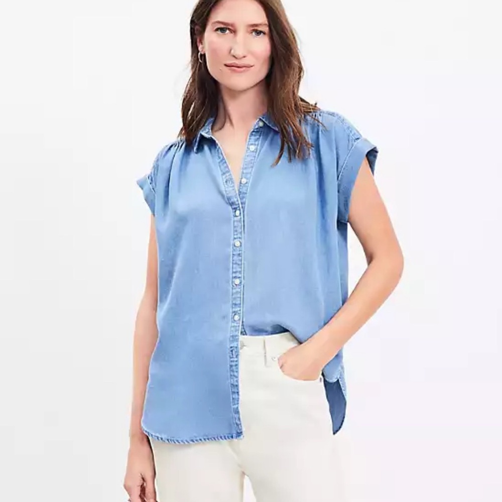 LOFT Light Blue Cap Sleeve Button-Down Shirt
